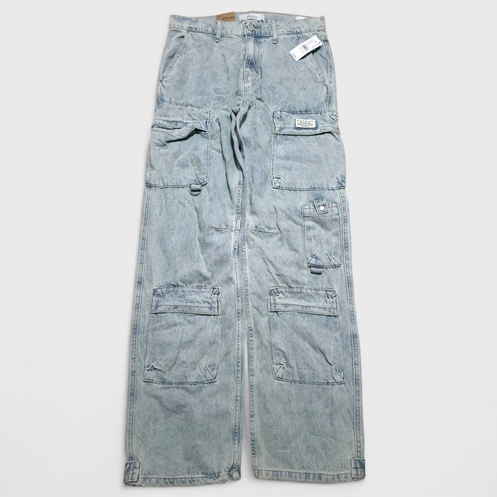 Pac Sun Baggy Jeans Denim Cargo Multi Pocket Pants Mens 30 x 32 Distressed New